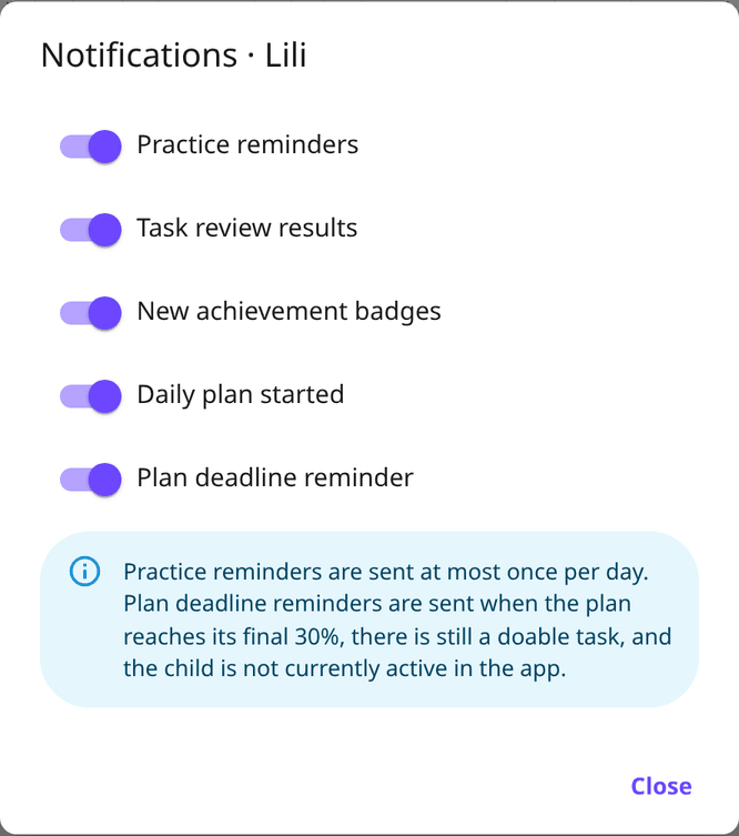 Child notification type settings: practice reminders, review results, new badges, plan started, deadline reminder