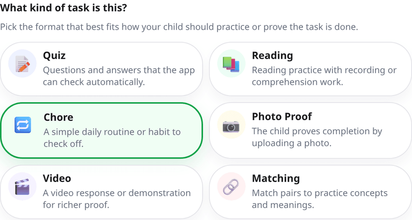 The six task types in the add-task dialog: quiz, reading, routine, photo proof, video, matching