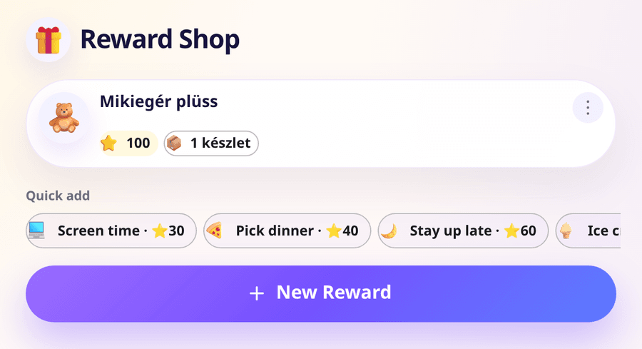 The reward shop in the parent view, with quick-add reward suggestions